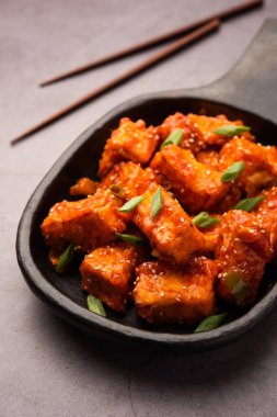 Çıtır biberli paneer, tatlı ekşi ve baharatlı acı biber soslu kızarmış süzme peynirin bir tabakta servis edilerek yapılan bir Hint Çin aperatifi. seçici odak