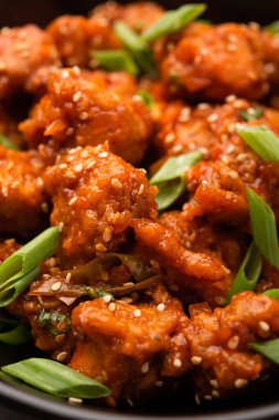 Acı biberli tavuk, Hint-Çin mutfağında en popüler olan tatlı, baharatlı ve çıtır çıtır bir aperatiftir. seçici odak