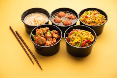 Bir grup ev yapımı Hint Çin yemeği plastik paketler, şempanzeli erişteler, kızarmış pirinç, acılı tavuk, mançurya ve çorba içeren kutular içinde teslim edildi. Hindistan 'da çevrimiçi gıda sipariş kavramı