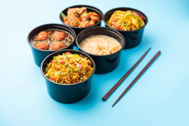 Bir grup ev yapımı Hint Çin yemeği plastik paketler, şempanzeli erişteler, kızarmış pirinç, acılı tavuk, mançurya ve çorba içeren kutular içinde teslim edildi. Hindistan 'da çevrimiçi gıda sipariş kavramı