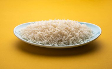 Aromatic Long Basmati cooked plain Rice is an Indian main course food, served in a bowl. selective focus