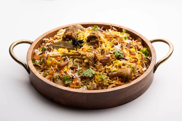 Indian Mutton Biryani Prepared Basmati Rice Served Yogurt Dip Moody — Stock Photo, Image