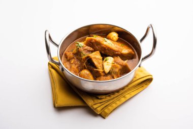 Jackfruit Masala sabji or Fanas Sabzi or Indian style spicy Kathal curry, served in a bowl or karahi. selective focus