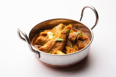 Jackfruit Masala sabji or Fanas Sabzi or Indian style spicy Kathal curry, served in a bowl or karahi. selective focus