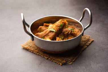 Jackfruit Masala sabji or Fanas Sabzi or Indian style spicy Kathal curry, served in a bowl or karahi. selective focus