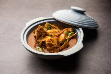 Jackfruit Masala sabji or Fanas Sabzi or Indian style spicy Kathal curry, served in a bowl or karahi. selective focus