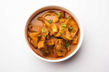 Jackfruit Masala sabji or Fanas Sabzi or Indian style spicy Kathal curry, served in a bowl or karahi. selective focus