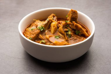 Jackfruit Masala sabji or Fanas Sabzi or Indian style spicy Kathal curry, served in a bowl or karahi. selective focus