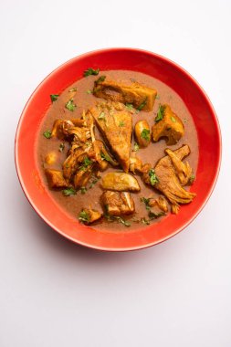 Jackfruit Masala sabji or Fanas Sabzi or Indian style spicy Kathal curry, served in a bowl or karahi. selective focus