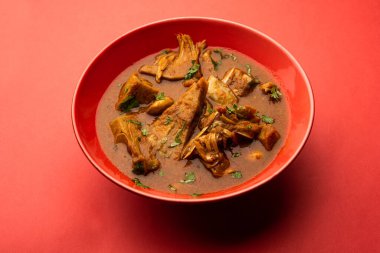 Jackfruit Masala sabji or Fanas Sabzi or Indian style spicy Kathal curry, served in a bowl or karahi. selective focus