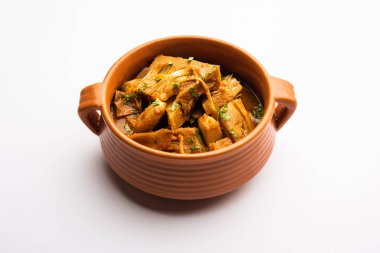 Jackfruit Masala sabji or Fanas Sabzi or Indian style spicy Kathal curry, served in a bowl or karahi. selective focus