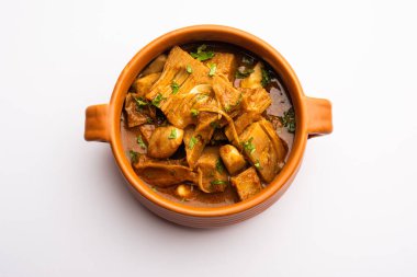 Jackfruit Masala sabji or Fanas Sabzi or Indian style spicy Kathal curry, served in a bowl or karahi. selective focus