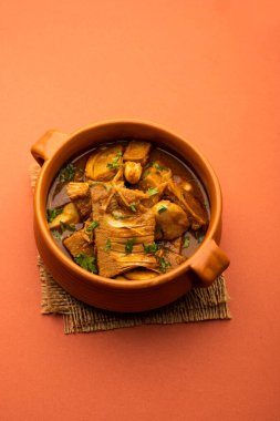 Jackfruit Masala sabji or Fanas Sabzi or Indian style spicy Kathal curry, served in a bowl or karahi. selective focus