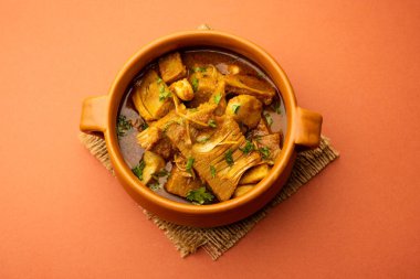 Jackfruit Masala sabji or Fanas Sabzi or Indian style spicy Kathal curry, served in a bowl or karahi. selective focus