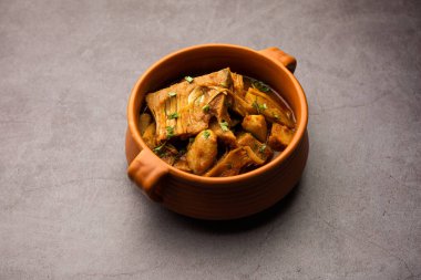 Jackfruit Masala sabji or Fanas Sabzi or Indian style spicy Kathal curry, served in a bowl or karahi. selective focus