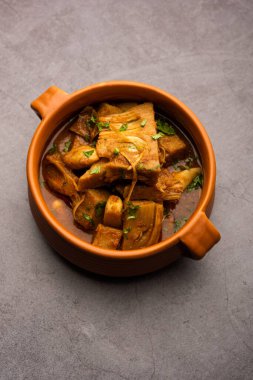 Jackfruit Masala sabji or Fanas Sabzi or Indian style spicy Kathal curry, served in a bowl or karahi. selective focus