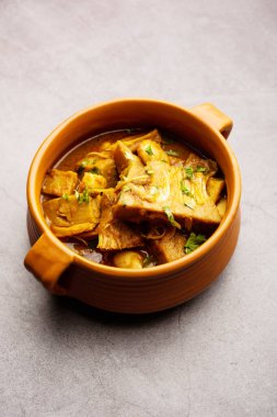 Jackfruit Masala sabji or Fanas Sabzi or Indian style spicy Kathal curry, served in a bowl or karahi. selective focus