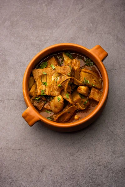 Jackfruit Masala sabji or Fanas Sabzi or Indian style spicy Kathal curry, served in a bowl or karahi. selective focus