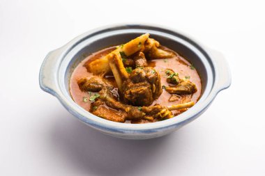 Indian style meat dish or Mutton OR Gosht Masala OR lamb rogan josh served in a bowl, selective focus