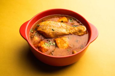 Spicy Reddish Chicken Curry or red Murgh Masala or korma. Indian non-vegetarian food. selective focus.