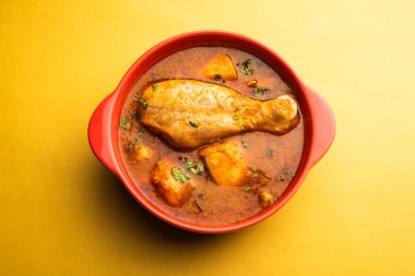 Spicy Reddish Chicken Curry or red Murgh Masala or korma. Indian non-vegetarian food. selective focus.