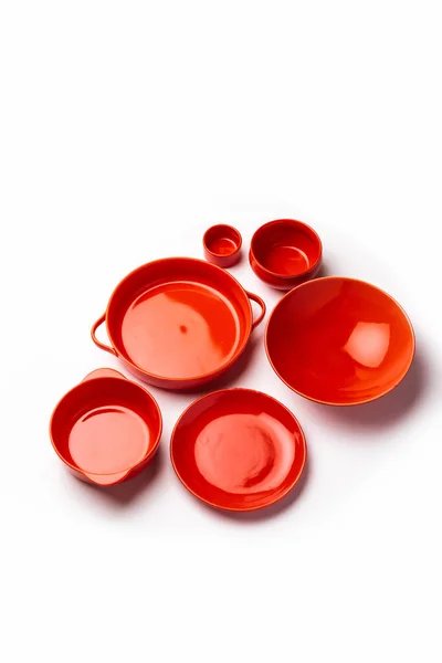 Коллекция Пустых Красочных Керамических Чаш Группа Посуды Захвачены Сверху Вид — стоковое фото