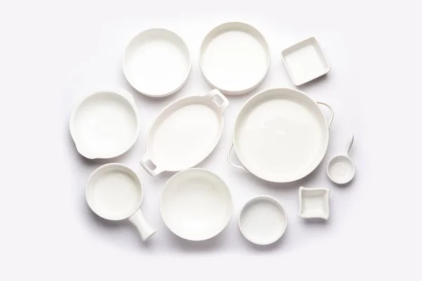 Collection Empty Colorful Ceramic Bowls Group Utensils Captured Top View — Stock Photo, Image