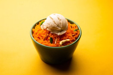 Vanilyalı dondurma ile Galar Halwa, bir kasede servis edilir ve kuru meyvelerle süslenir. seçici odak