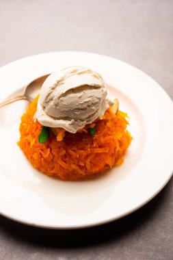 Vanilyalı dondurma ile Galar Halwa, bir kasede servis edilir ve kuru meyvelerle süslenir. seçici odak