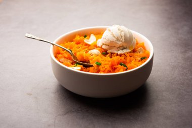 Vanilyalı dondurma ile Galar Halwa, bir kasede servis edilir ve kuru meyvelerle süslenir. seçici odak