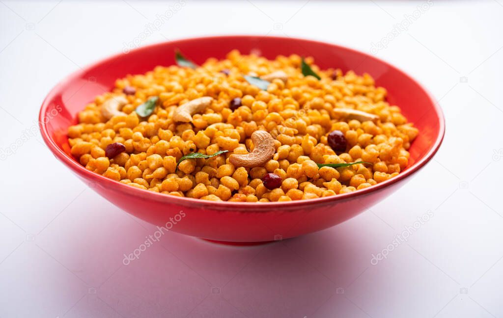 Masala Kara Boond or Namkeen Bundi With Cashew, Peanuts And Curry Leaves, Indian Mixture Snack Item Made With Besan Flour