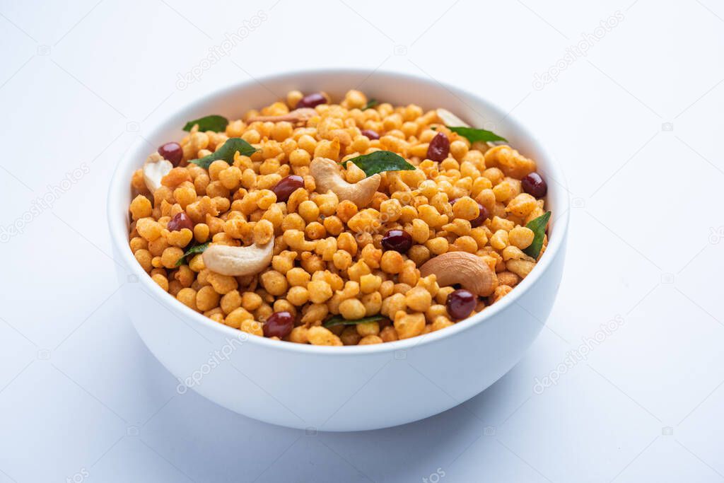 Masala Kara Boond or Namkeen Bundi With Cashew, Peanuts And Curry Leaves, Indian Mixture Snack Item Made With Besan Flour