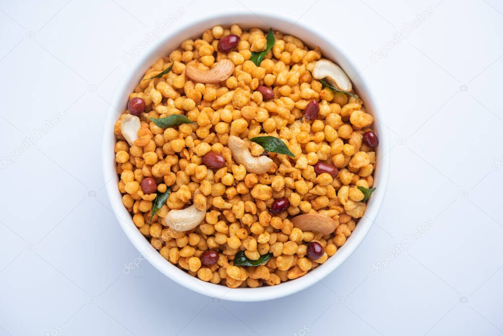 Masala Kara Boond or Namkeen Bundi With Cashew, Peanuts And Curry Leaves, Indian Mixture Snack Item Made With Besan Flour
