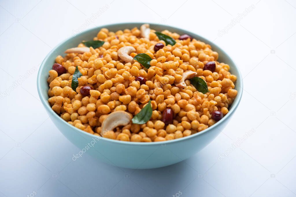 Masala Kara Boond or Namkeen Bundi With Cashew, Peanuts And Curry Leaves, Indian Mixture Snack Item Made With Besan Flour