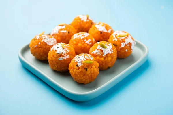 Indiaas Zoet Motichoor Laddoo Bundi Laddu Gemaakt Van Gram Bloem — Stockfoto