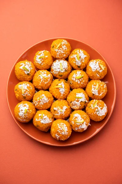 Indian Sweet Motichoor Laddoo Bundi Laddu Made Gram Flour Very — Stock Photo, Image