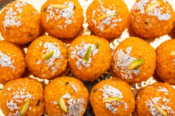 Indian Sweet Motichoor Laddoo Bundi Laddu Made Gram Flour Very — Stock Photo, Image