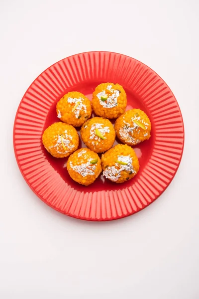 Indian Söt Motichoor Laddoo Eller Bundi Laddu Gjord Gram Mjöl — Stockfoto