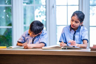 Okul üniformalarını giyerken birlikte ders çalışan Hintli Okul Çocukları, Öğrenim, Okuma, Akademik Oturumda Bilgi Paylaşım, Eğitim ve Takım Çalışmaları konularına odaklandı.