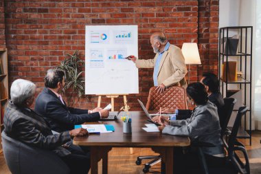 Hintli işadamları, Hindistan 'ın Asya iş dünyasının üst düzey yöneticileri olarak, şirket büyümesini ve finansal projeksiyon stratejisini modern ofiste incelerken, grafikte tartışıyorlar.