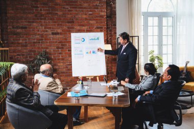 Hintli işadamları, Hindistan 'ın Asya iş dünyasının üst düzey yöneticileri olarak, şirket büyümesini ve finansal projeksiyon stratejisini modern ofiste incelerken, grafikte tartışıyorlar.