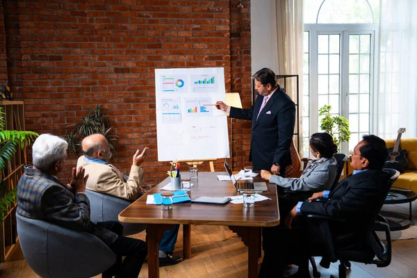 Hintli işadamları, Hindistan 'ın Asya iş dünyasının üst düzey yöneticileri olarak, şirket büyümesini ve finansal projeksiyon stratejisini modern ofiste incelerken, grafikte tartışıyorlar.