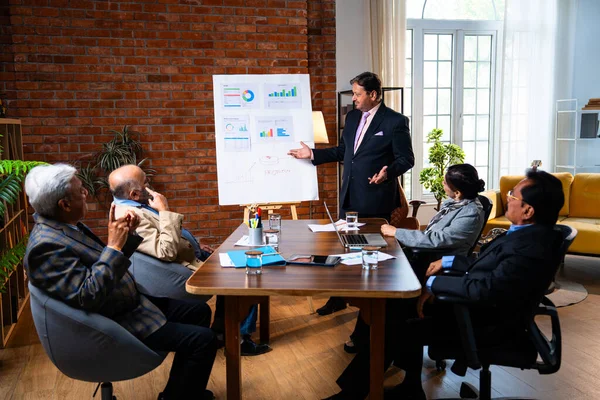 Hintli işadamları, Hindistan 'ın Asya iş dünyasının üst düzey yöneticileri olarak, şirket büyümesini ve finansal projeksiyon stratejisini modern ofiste incelerken, grafikte tartışıyorlar.