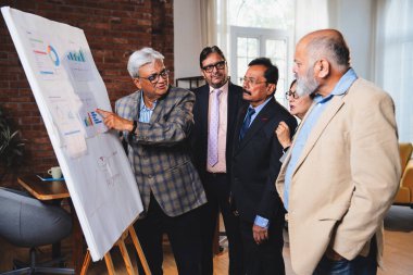 Hintli iş adamları grafikte projeksiyonu tartışırken, üst düzey Asyalı yöneticiler yakın durup modern kurumsal toplantı odasındaki beyaz panodaki büyüme verilerini gözden geçiriyorlar.