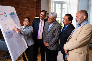 Hintli iş adamları grafikte projeksiyonu tartışırken, üst düzey Asyalı yöneticiler yakın durup modern kurumsal toplantı odasındaki beyaz panodaki büyüme verilerini gözden geçiriyorlar.