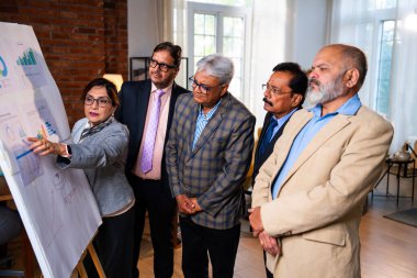 Hintli iş adamları grafikte projeksiyonu tartışırken, üst düzey Asyalı yöneticiler yakın durup modern kurumsal toplantı odasındaki beyaz panodaki büyüme verilerini gözden geçiriyorlar.