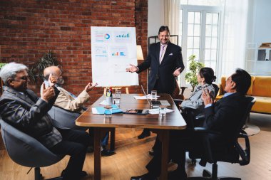 Hintli işadamları, Hindistan 'ın Asya iş dünyasının üst düzey yöneticileri olarak, şirket büyümesini ve finansal projeksiyon stratejisini modern ofiste incelerken, grafikte tartışıyorlar.