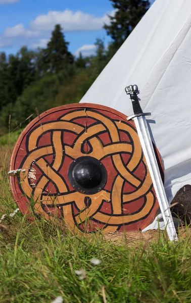 Kılıç ve kalkan çimenlerin üzerinde