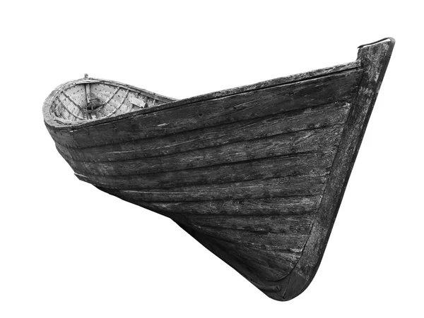 Black and white front view of an old fishing wood boat — Stock Photo, Image