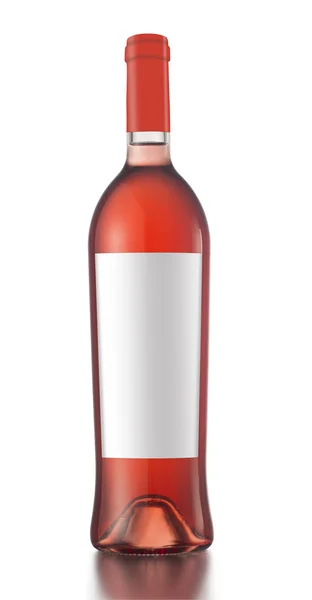 Garrafa de vinho rosa com rótulo no fundo branco — Fotografia de Stock